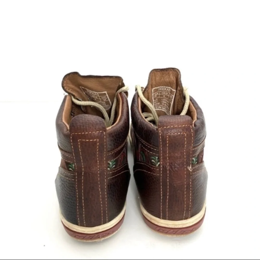 Inkkas Rooster Floral Camping Leather Hi Top Hiking Boot Sneakers Brown Size 8